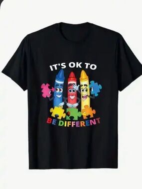 “Be Different”  Black T-Shirt with Colorful Crayon Design (Autism awareness)